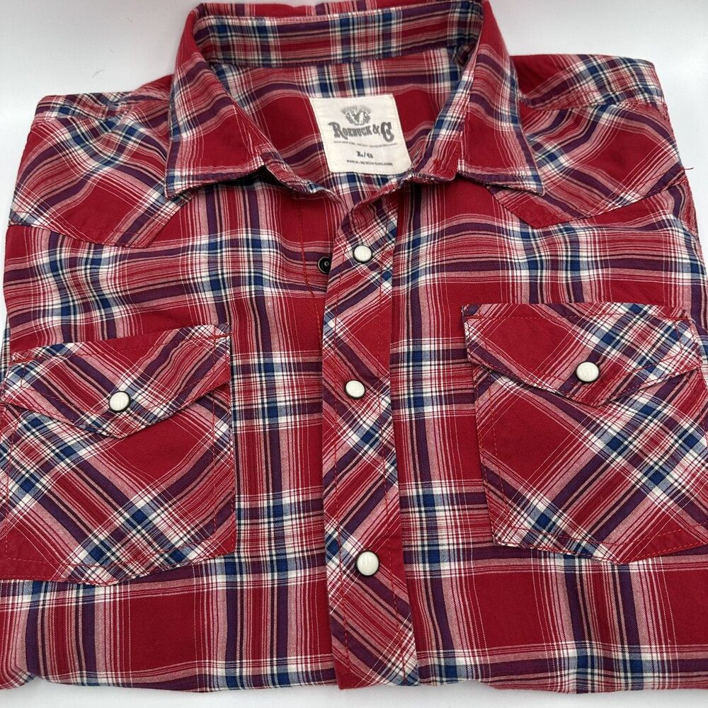 Roebuck & Co Vintage Western-style Cowboy Red, W, & B with Pearl Snaps Large - Picture 3 of 14